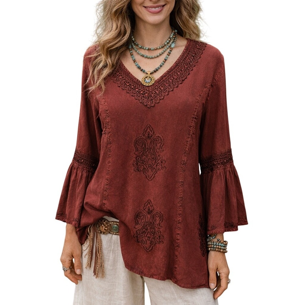 Braja Women's Earthy Embroidered Hippie Bell Sleeve Burgundy Blouse Size Large
